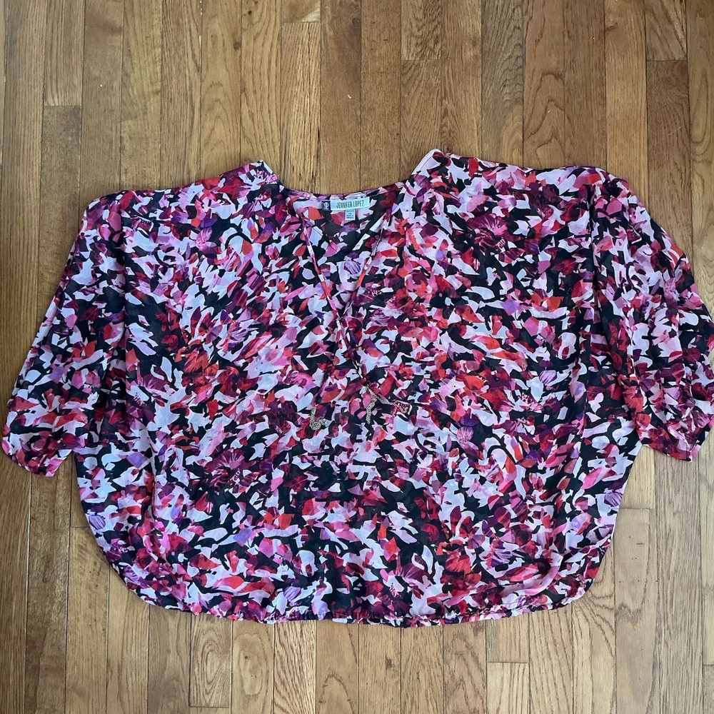 Jennifer Lopez Blouse Women's 2X Floral Sheer V Neck Peasant Top Elastic Hem